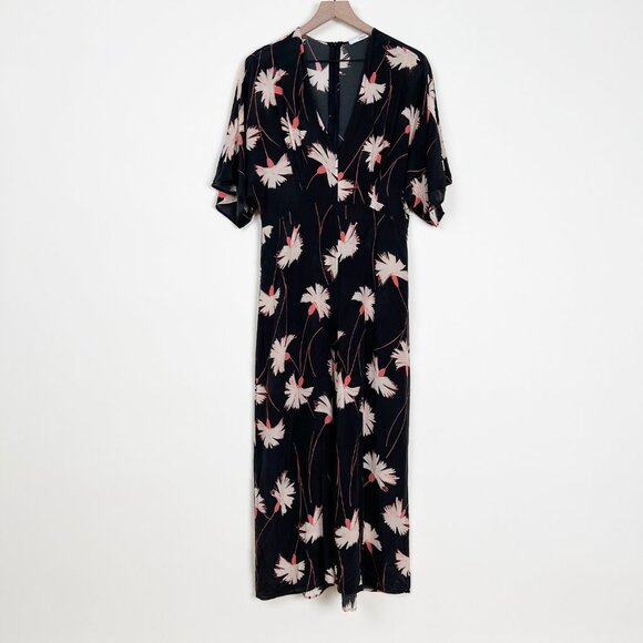 100% Mulberry Silk Wide Leg Jumpsuit Pleated Floral Relaxed Fit & Flare V-Neck - Picture 5 of 12